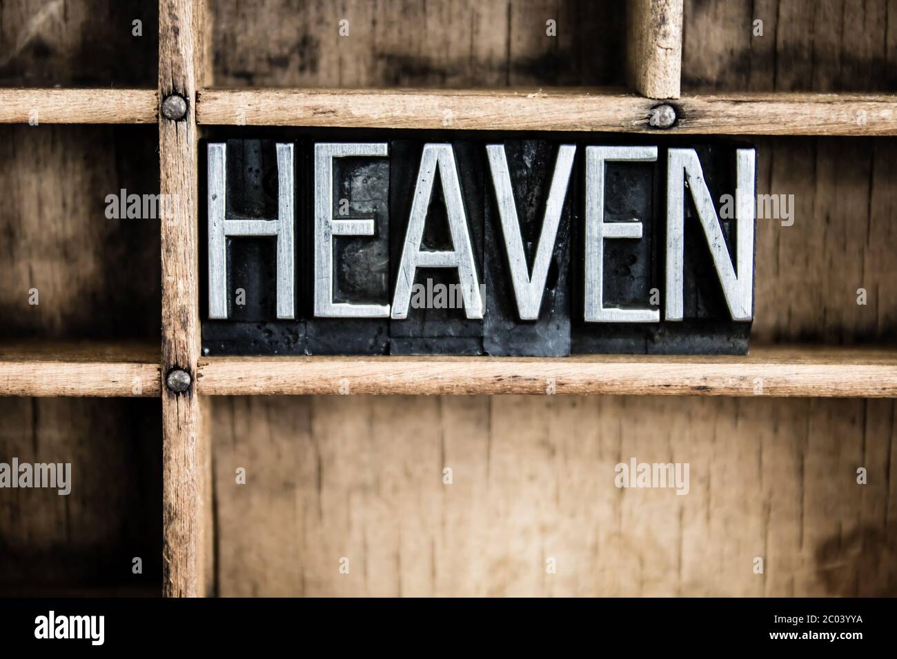 Heaven Concept Metal Letterpress Word in Drawer Stock Photo