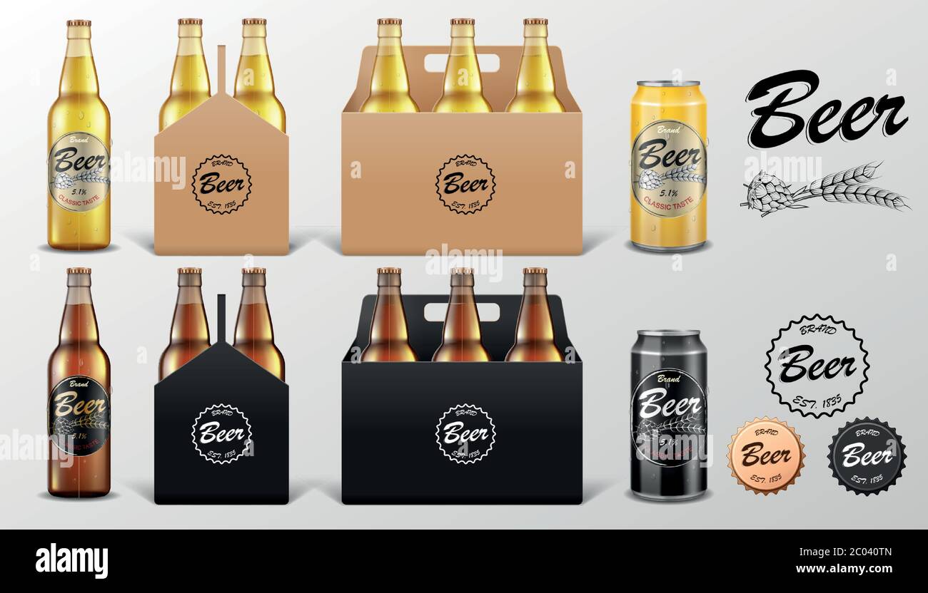Download Realistic Set Of Glass Beer Bottle And Tin Can In Paper Packaging Box Isolated Beer Template Mockup For Restaurant Or Bar Vector Illustration Stock Vector Image Art Alamy