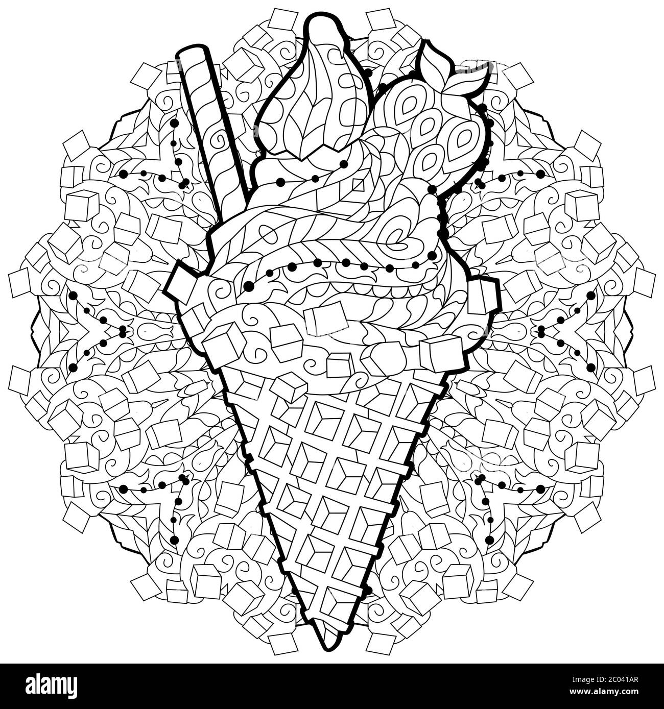 Ice cream with mandala are drawn in black and white outline for ...