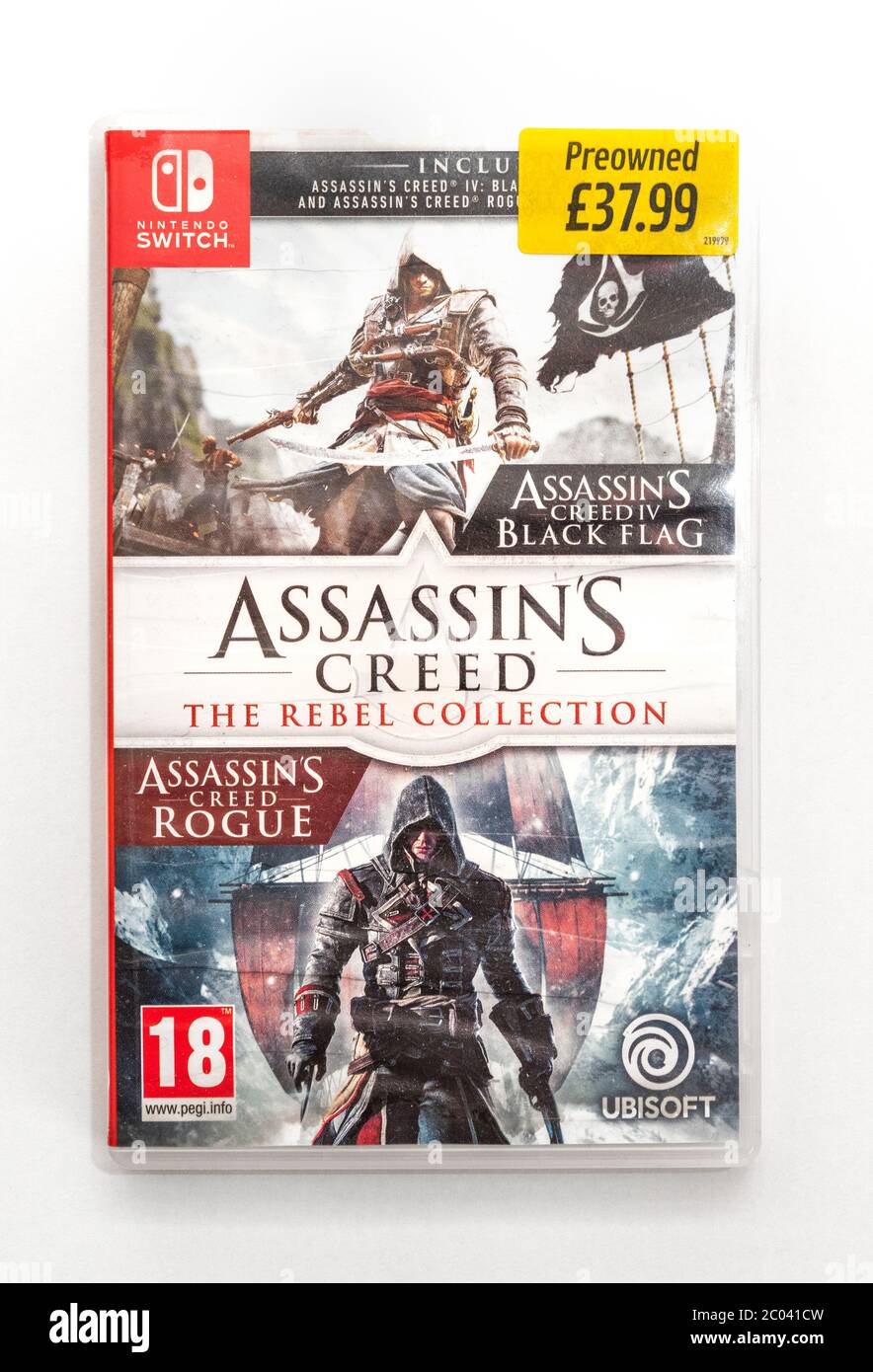 Nintendo switch,assassins creed,the rebel collection game,preowned on a white background Stock Photo