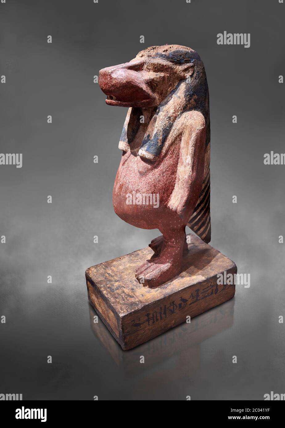 Ancient Egyptian statuette of Taweret decicated to draughtsman Parahotep, wood, New Kingdom, 19 Dynasty, (14292-1190 BC), deir el Medina. Egyptian Mus Stock Photo