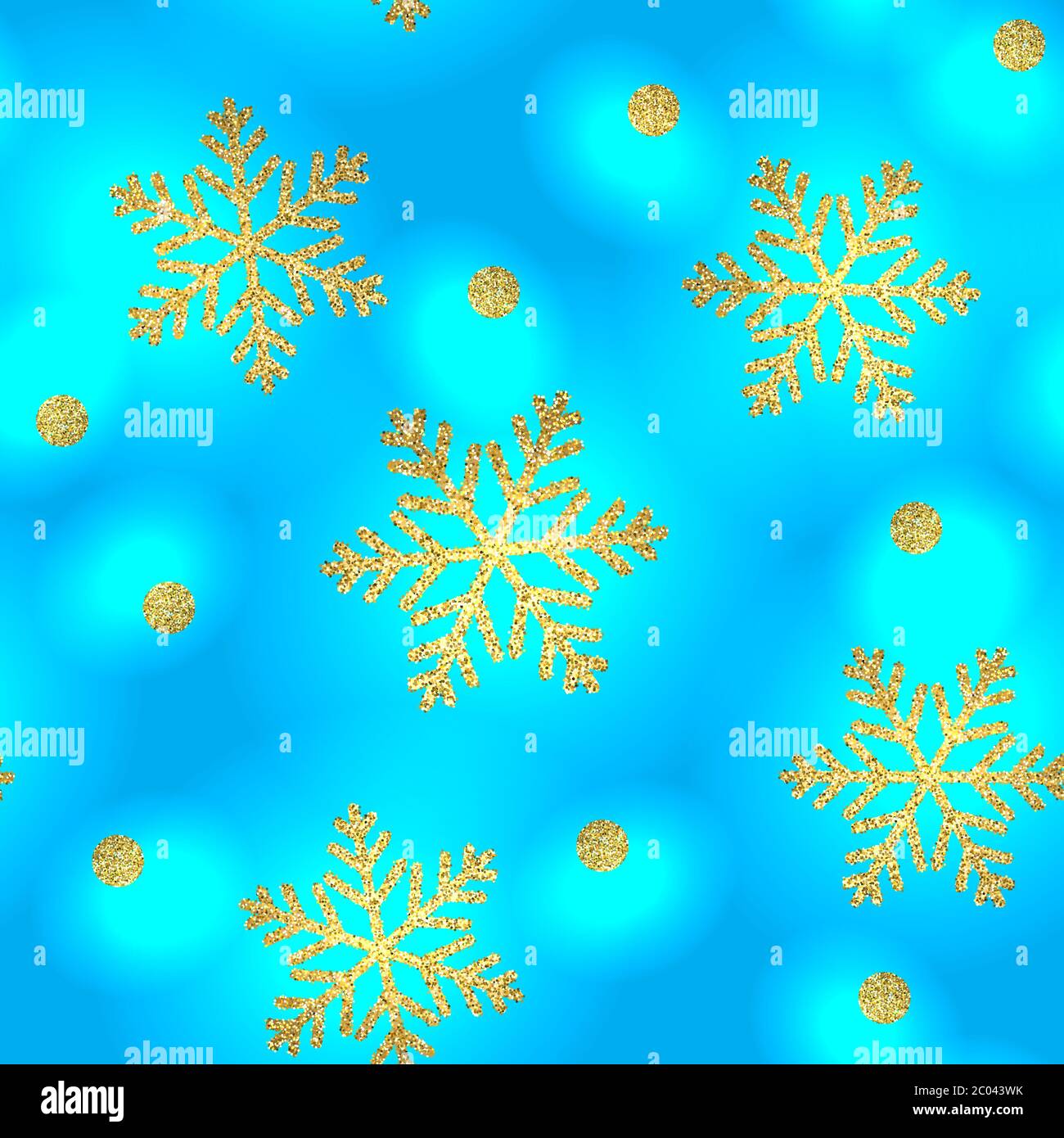 Gold glittering snowflakes seamless pattern on blue background. Vector ...