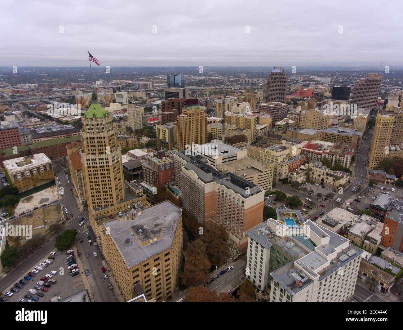 Aerial view of San Antonio downtown skyline including Tower Life Building, San Antonio, Texas, TX, USA. Stock Photo