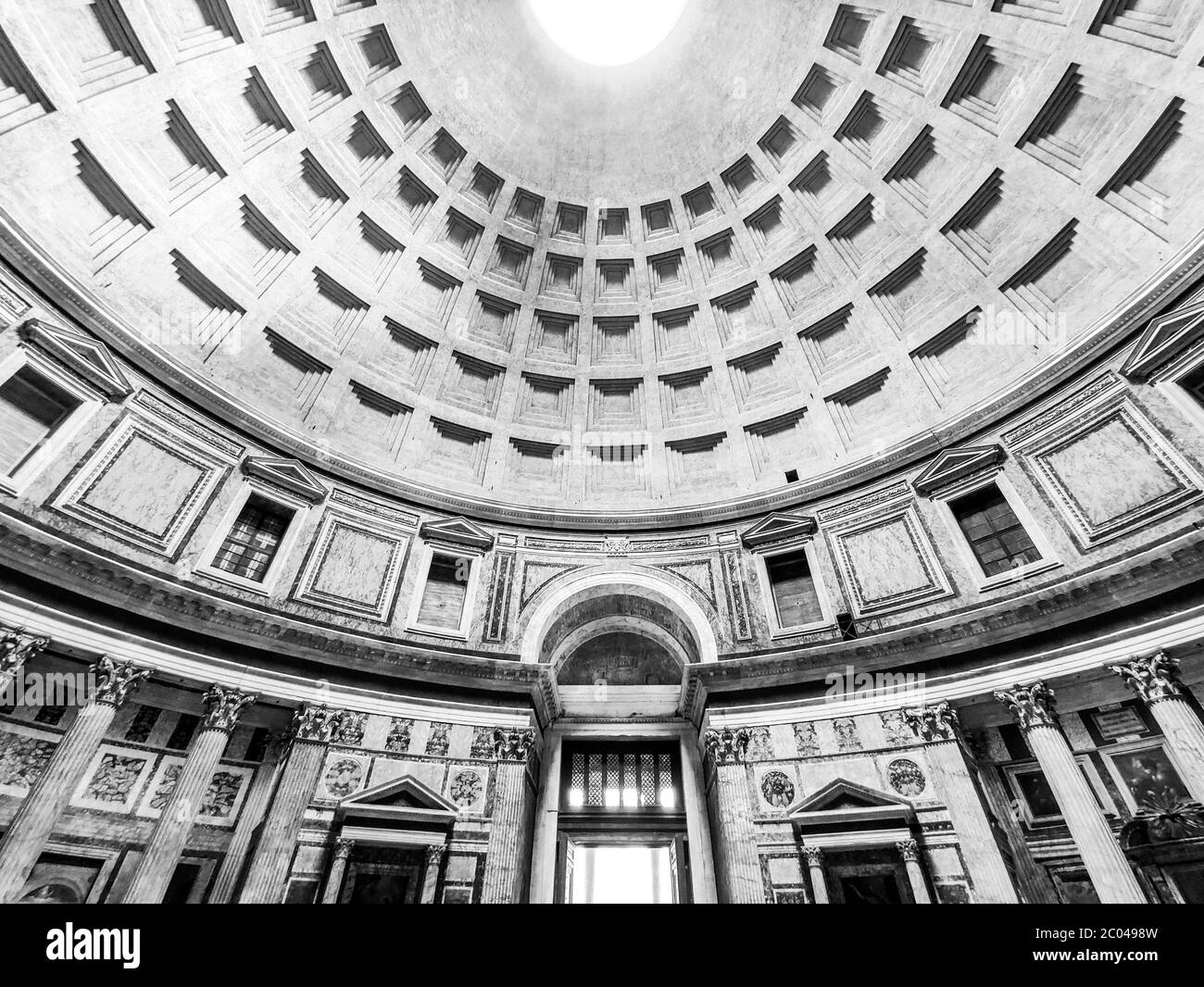 ROME, ITALY - MAY 05, 2019: Monumental ceiling of Pantheon - church and former Roman temple, Rome, Italy. Black and white image. Stock Photo