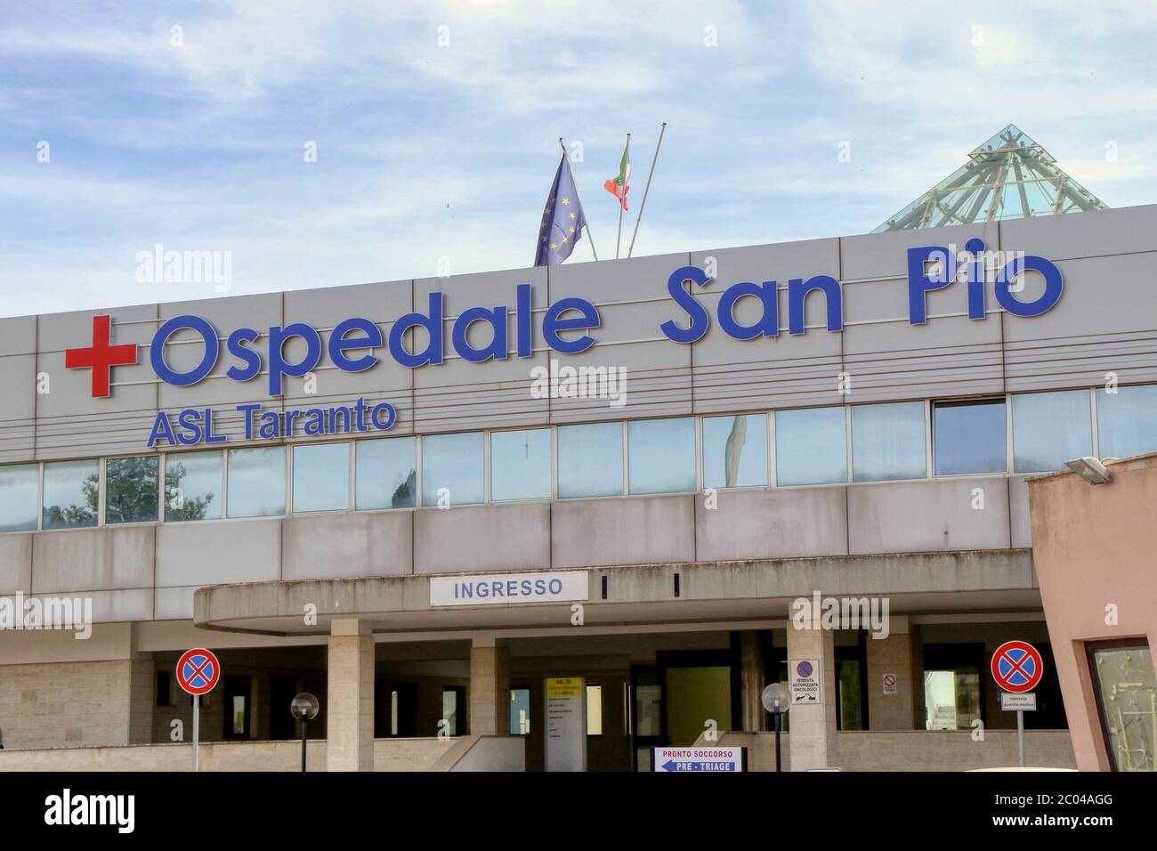Entrance of the San Pio hospital in Puglia, Italy Stock