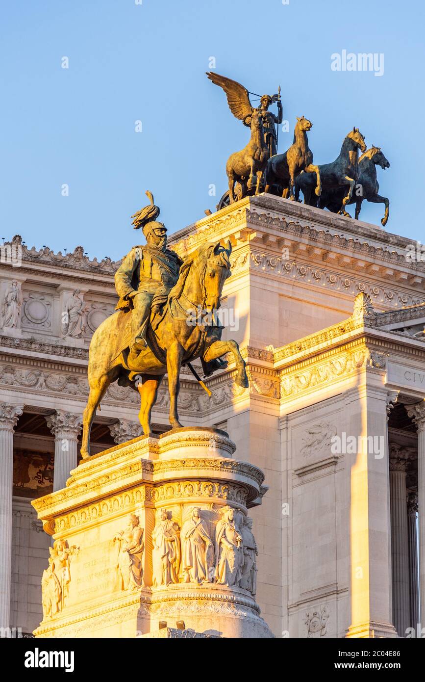 Equestrian statue of Vittorio Emanuele II - Monument Vittoriano or Altare della Patria. Rome, Italy. Morning sunrise time. Stock Photo