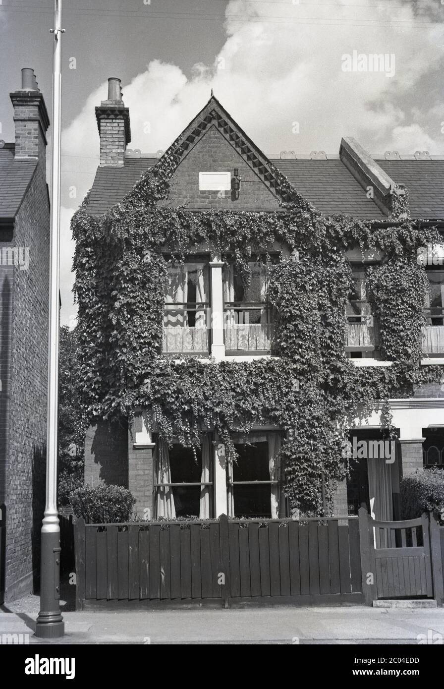 1940s, historical, exterior view of a traditional and large victorian two-storey terraced suburban house with sash windows, front wooden fence and gate and extensive ivy foliage, Sheffield, England, UK. Also seen is a curtain over the open front porch, a common addition in this formal era. Stock Photo