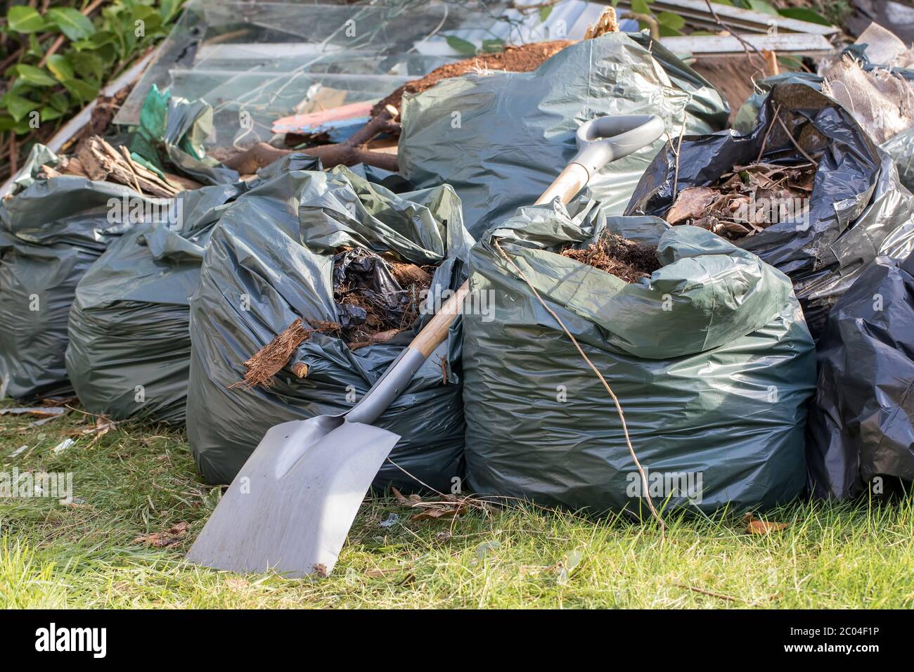 Garden rubbish in refuse sacks stored during covid19 coronavirus