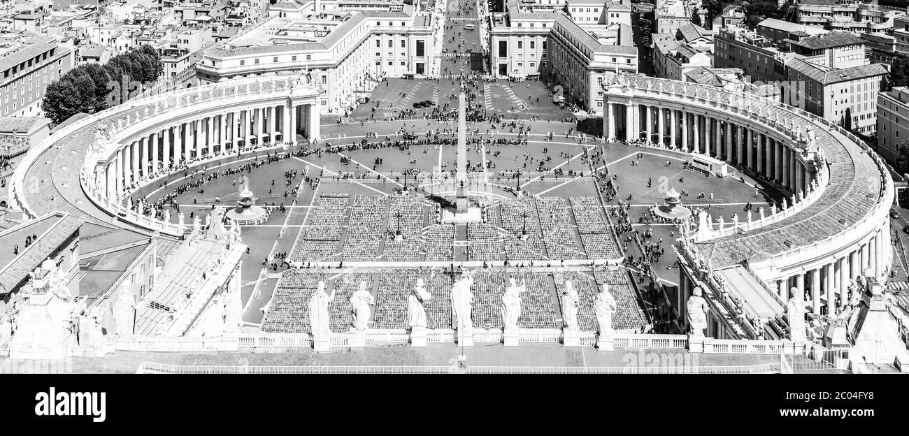 St. Peter's Square and Rome panoramic cityscape. View from dome of St. Peters Basilica. Black and white image. Stock Photo