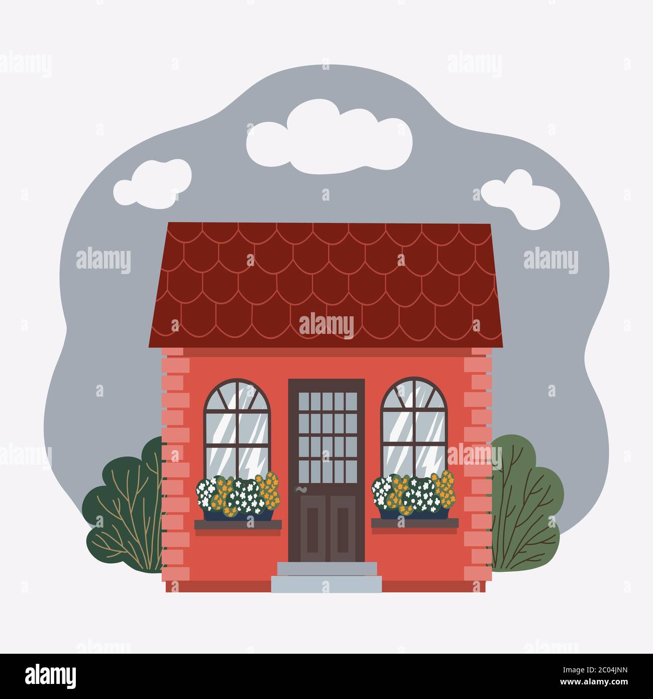 Vector illustration of detailed house icon with green plants isolated ...