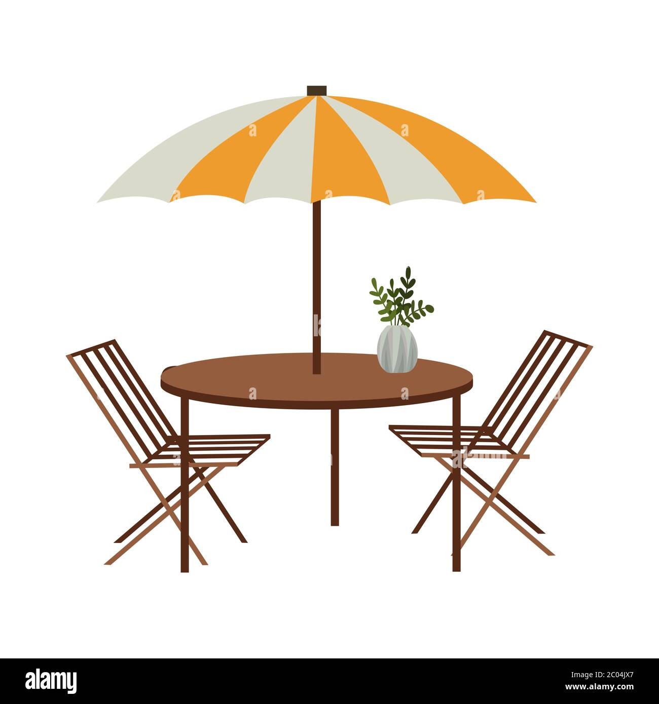Street summer cafe. Isolated on a white background chairs and table with awning. Vector illustration Stock Vector