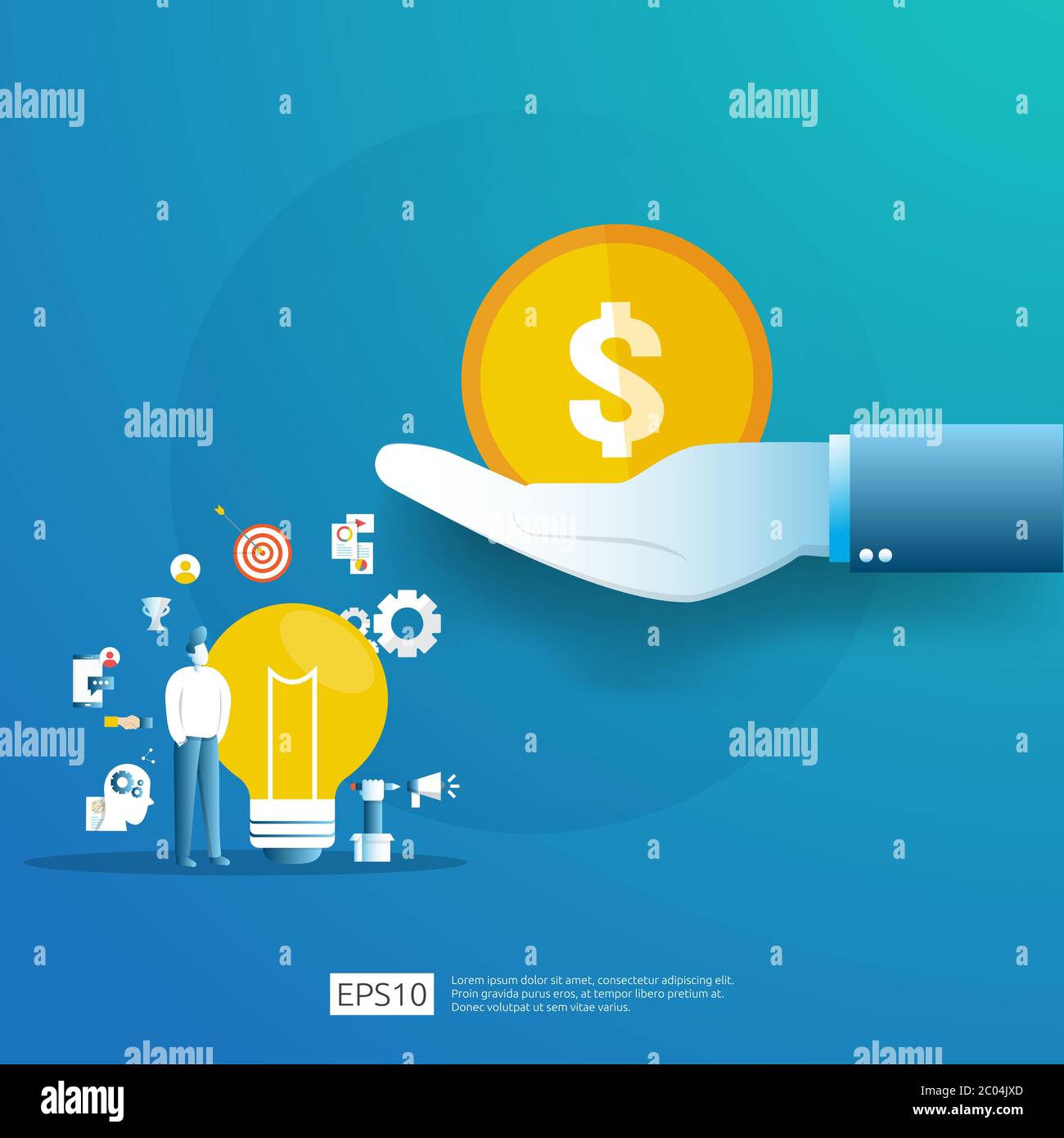 smart investment on technology startup. angel investor business analytic. opportunity idea research concept with lamp light bulb and businessman Stock Vector