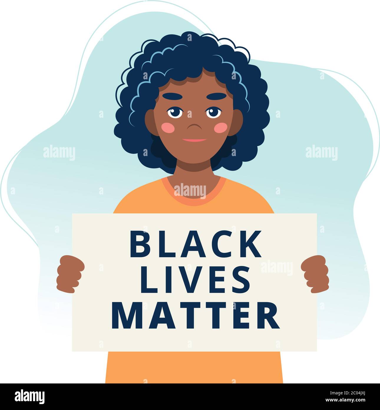 Black lives matter. Black woman protestor holding a poster. Racial inequality concept. Vector illustration in flat style Stock Vector