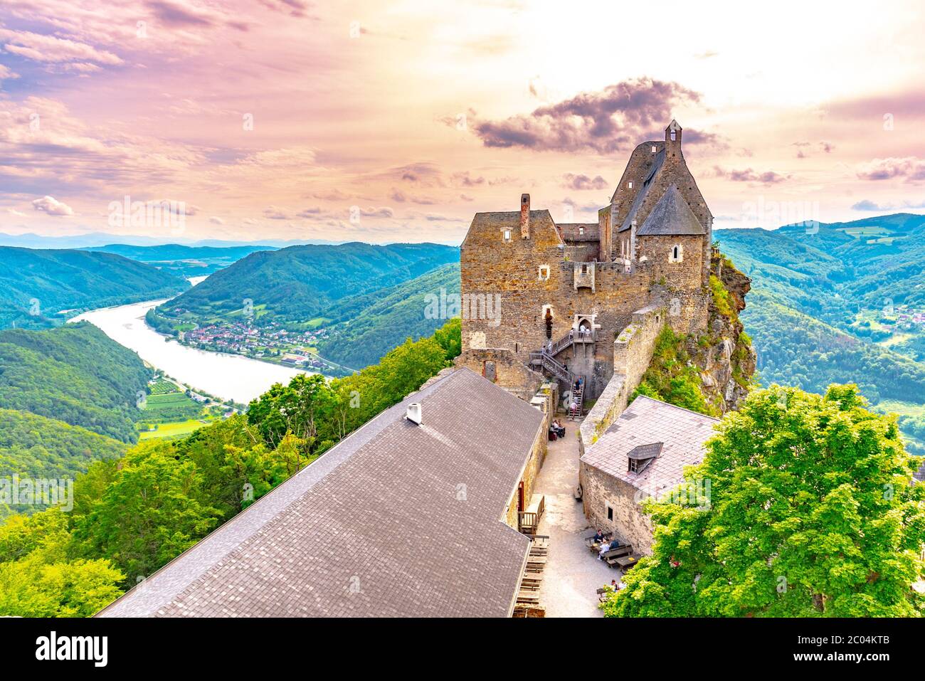 Aggstein Castle ruins above Danube River in Wachau Valley, Austria. Sunset time. Stock Photo