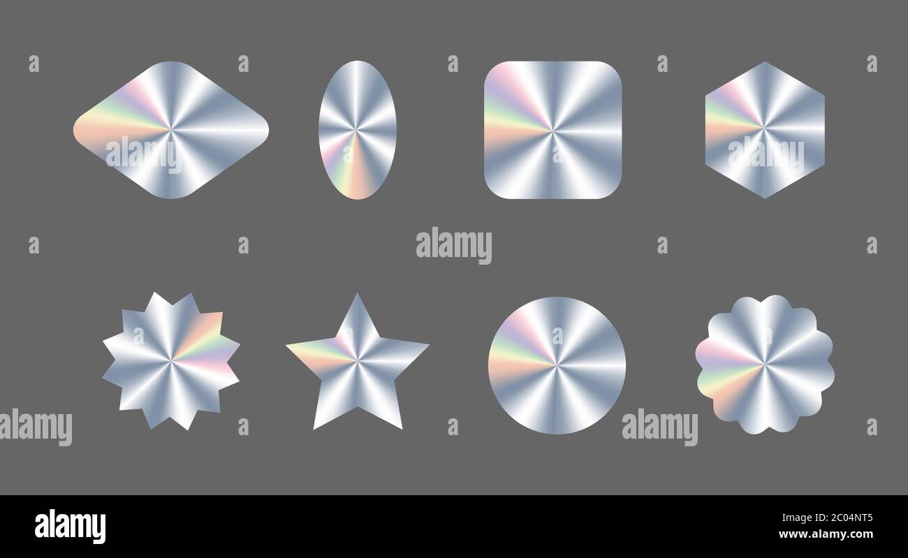 Set of realistic holograms of different shapes for award design, product guarantee, label design. Metallic silver holograms kit or bundle Stock Vector