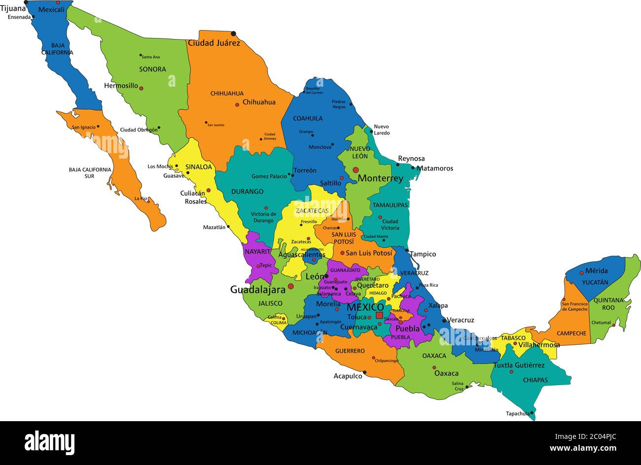 Colorful Mexico political map with clearly labeled, separated layers ...