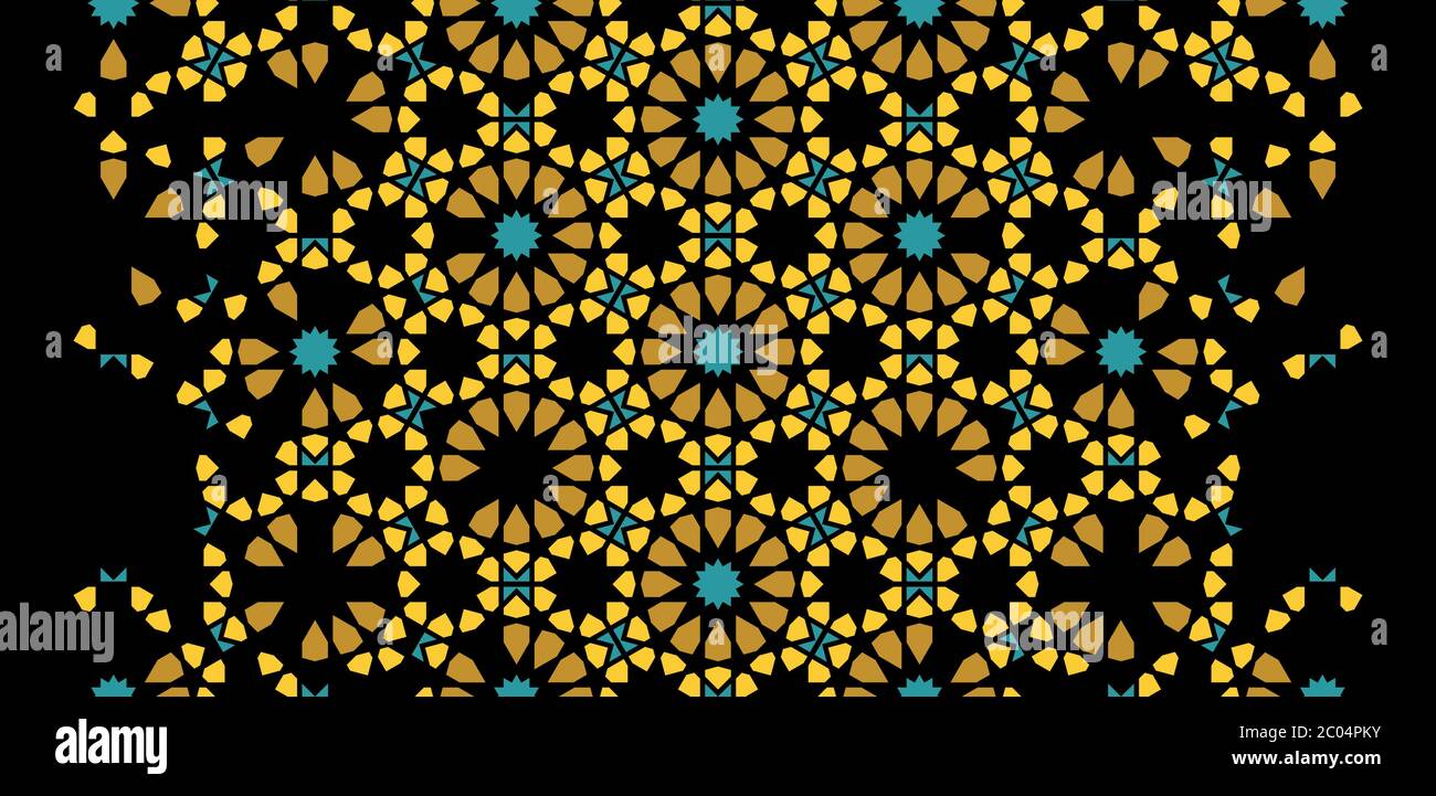 Moroccan rich, luxury mosaic vector border, wallpaper, pattern, background. Geometric golden moroccan halftone pattern with color arabesque Stock Vector