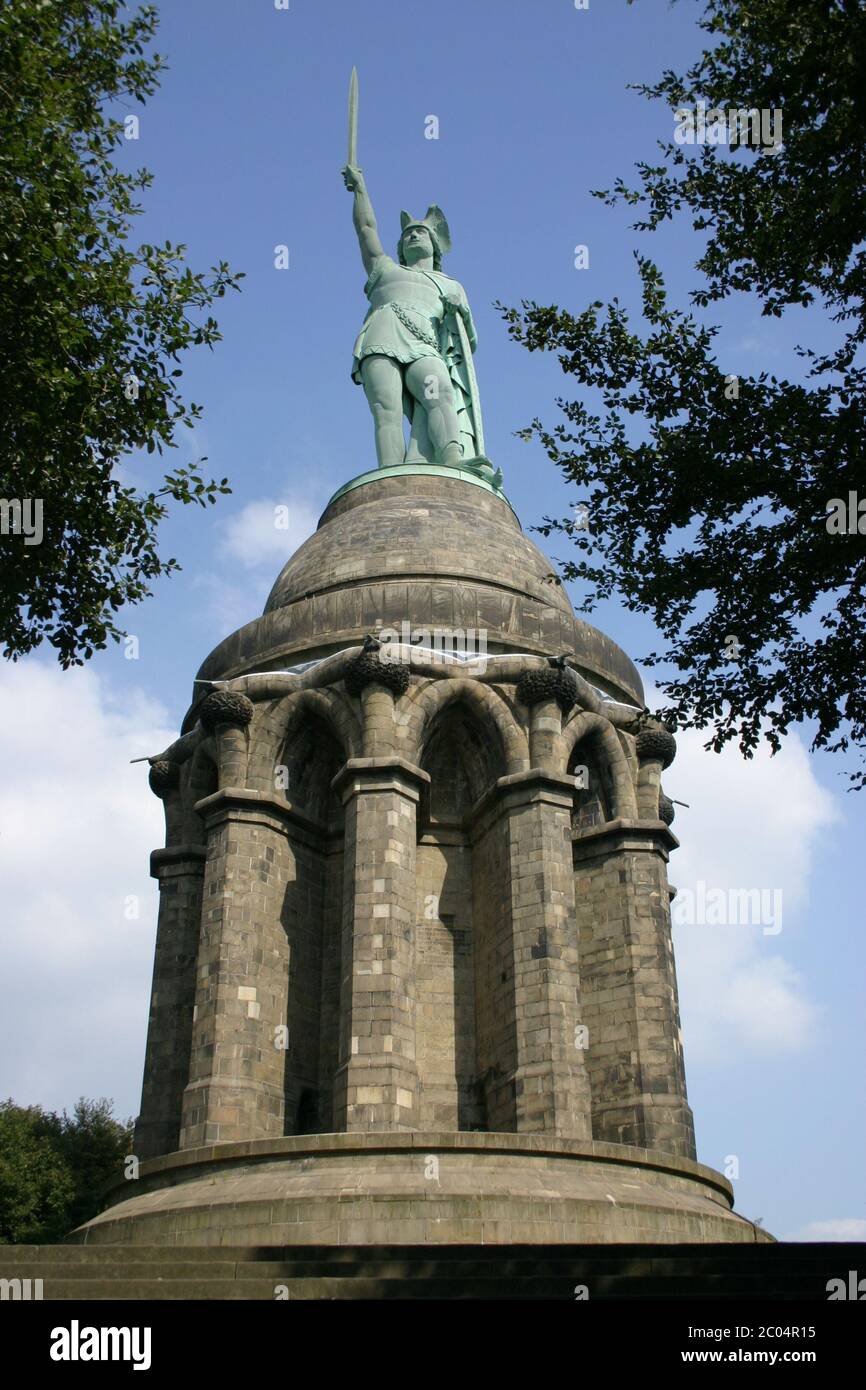 Hermann Monument on the Grotenburg Castle in the Teutoburg Forest near Detmold Stock Photo