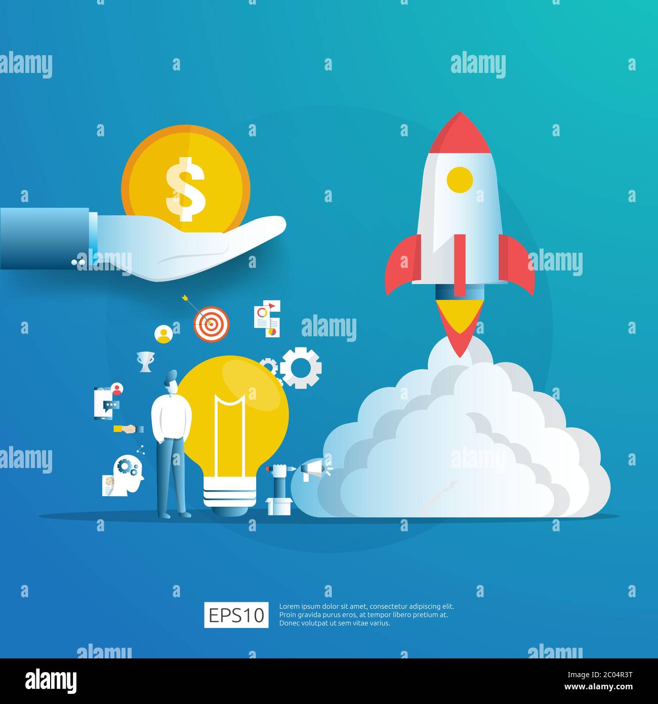 smart investment on technology startup. angel investor business analytic. opportunity idea research concept with lamp light bulb and businessman Stock Vector