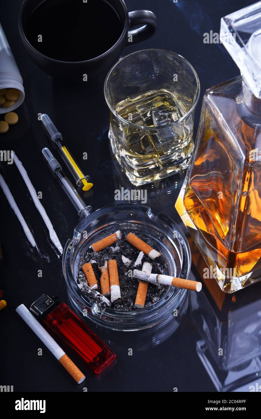 Addictive substances, including alcohol, cigarettes and drugs Stock