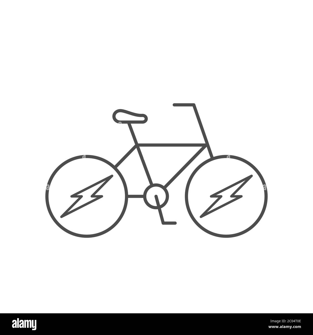E bike line icon. Hybrid vehicle with pedals and motor. Electric bicycle with lightning bolt. City transportation, commuting. Black outline on white Stock Vector