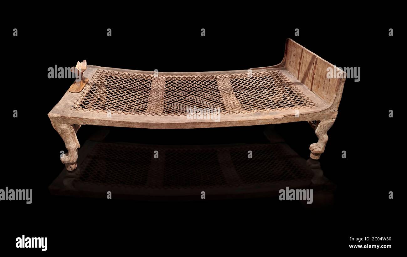 Ancient Egyptian bed delonging to Kha , tomb of Kha, Theban Tomb 8 , mid-18th dynasty (1550 to 1292 BC), Turin Egyptian Museum.   According to excavat Stock Photo