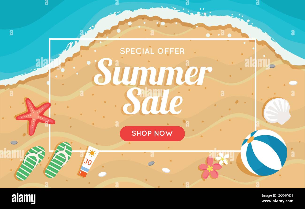 Summer sale banner with beach and sea, different beach elements. Vector ...