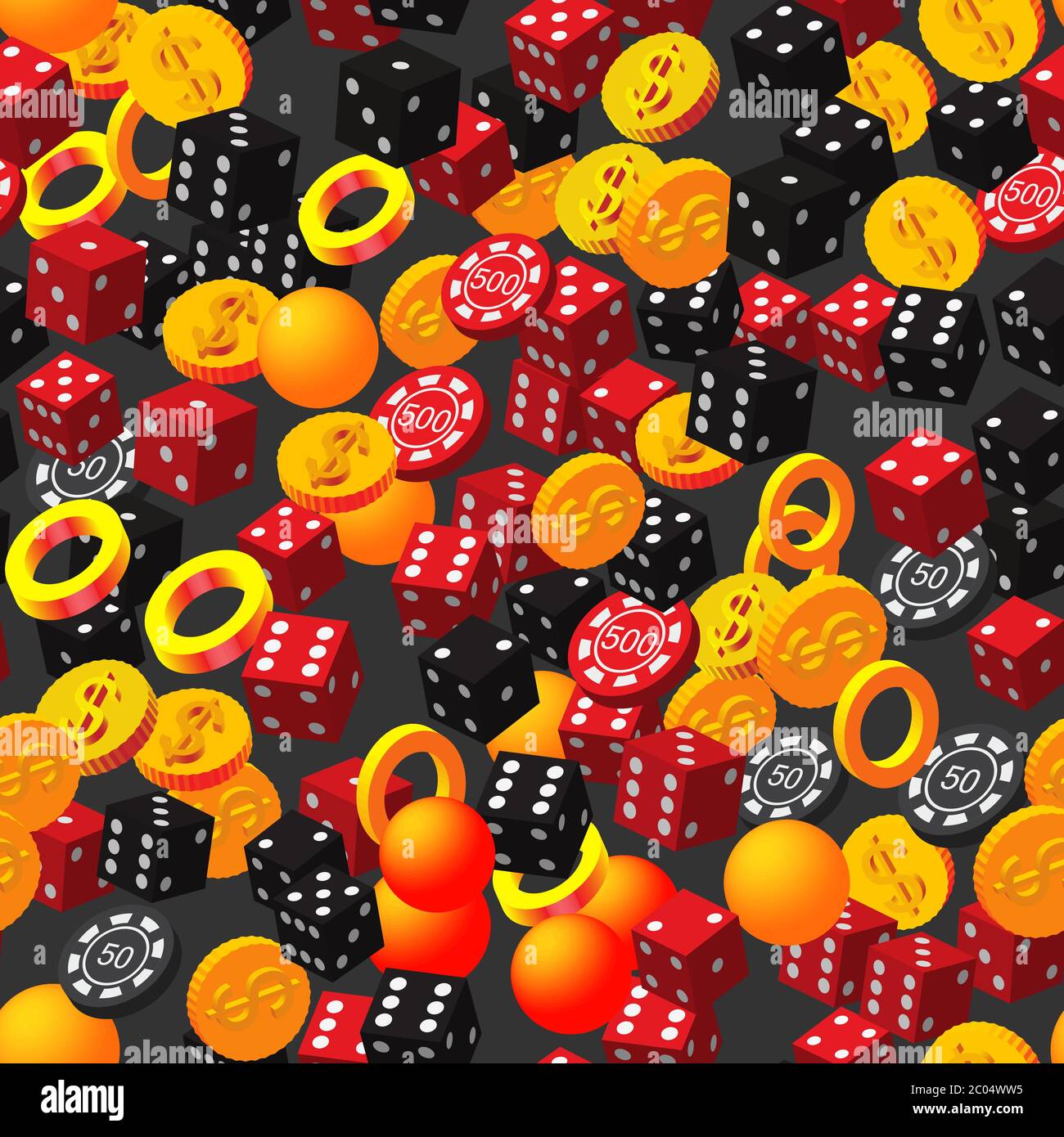 Rings Balls Poker Chips Dice and Coins on Black Stock Vector