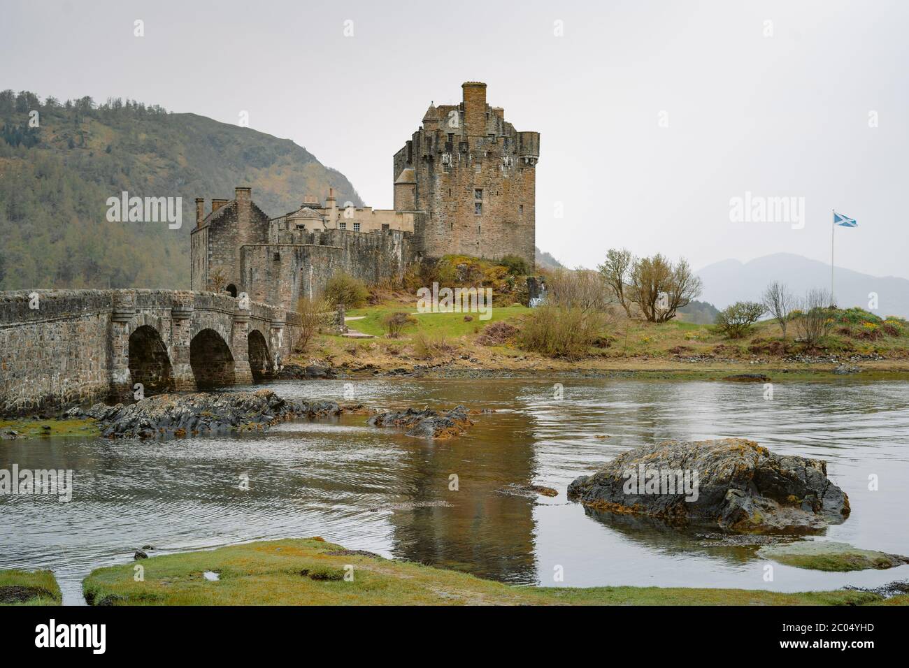 Flowers in front of the magnificent Eilean Donan Castle, Scotland. The popular stony bridge over water with massive tufts of water Stock Photo