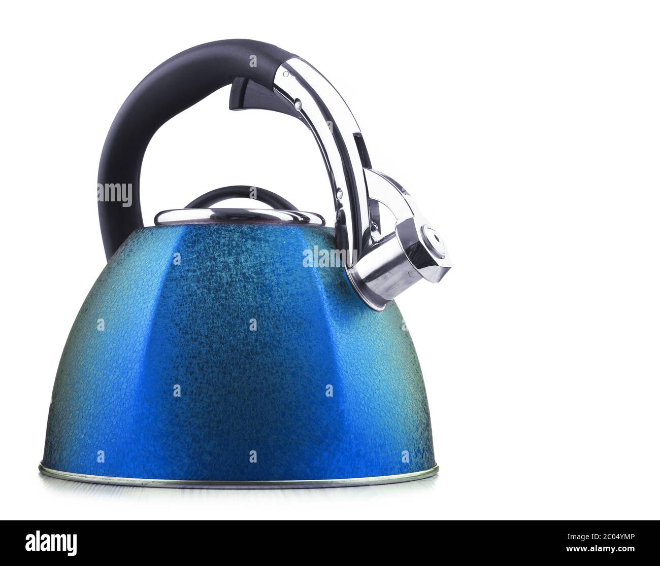 Traditional stainless steel stovetop kettle with whistle isolated on