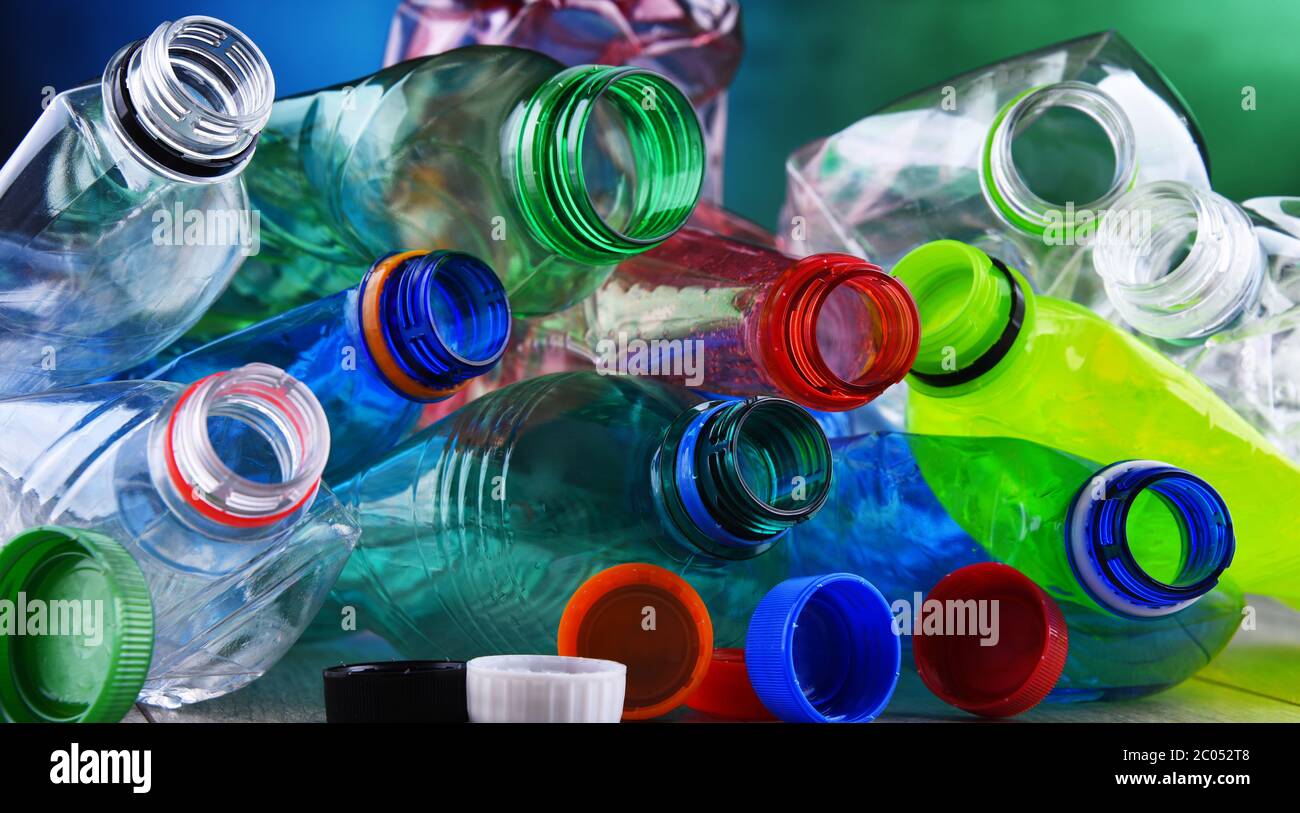 Empty colored carbonated drink bottles. Plastic waste Stock Photo