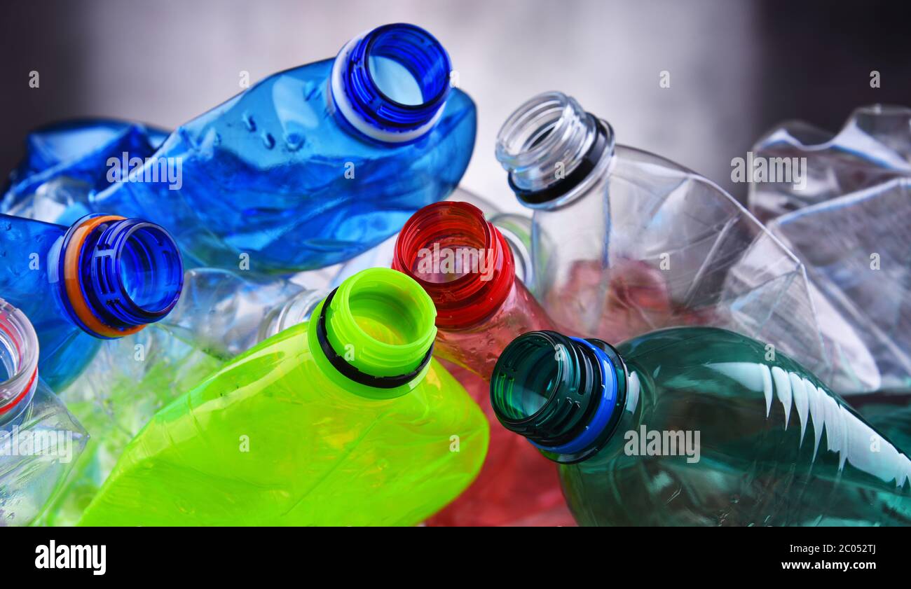 Empty colored carbonated drink bottles. Plastic waste Stock Photo