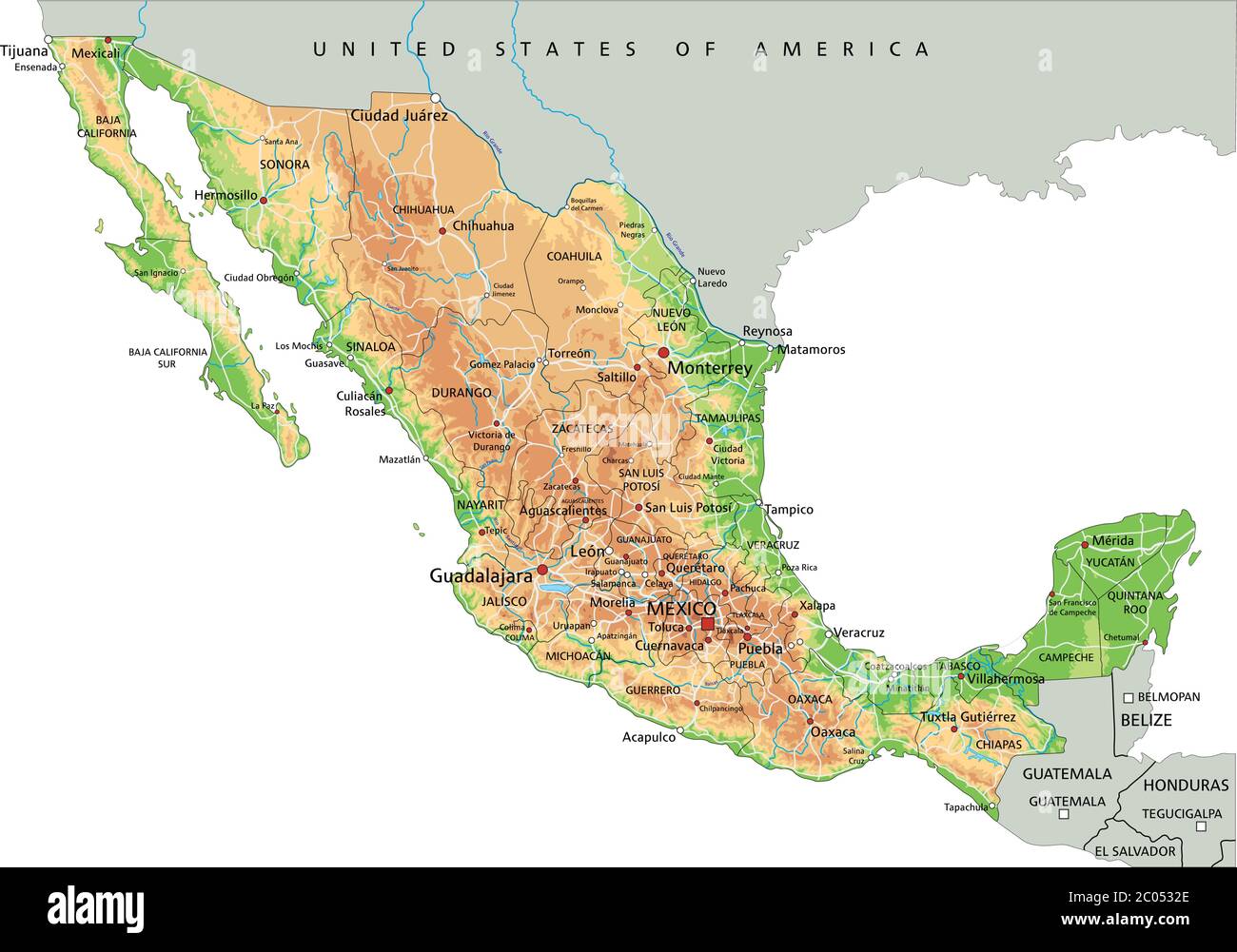 High detailed Mexico physical map with labeling Stock Vector Image & Art -  Alamy