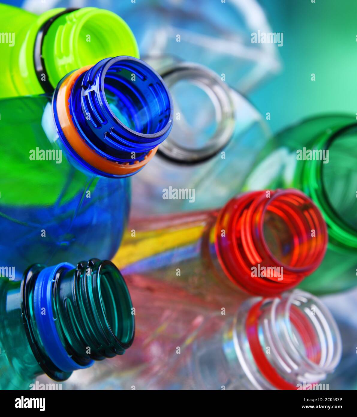 Empty colored carbonated drink bottles. Plastic waste Stock Photo