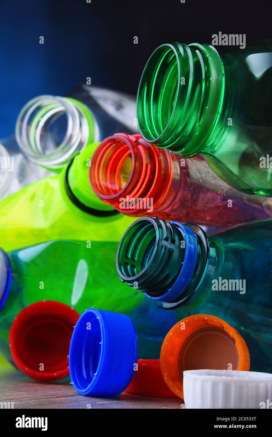 Empty colored carbonated drink bottles. Plastic waste Stock Photo