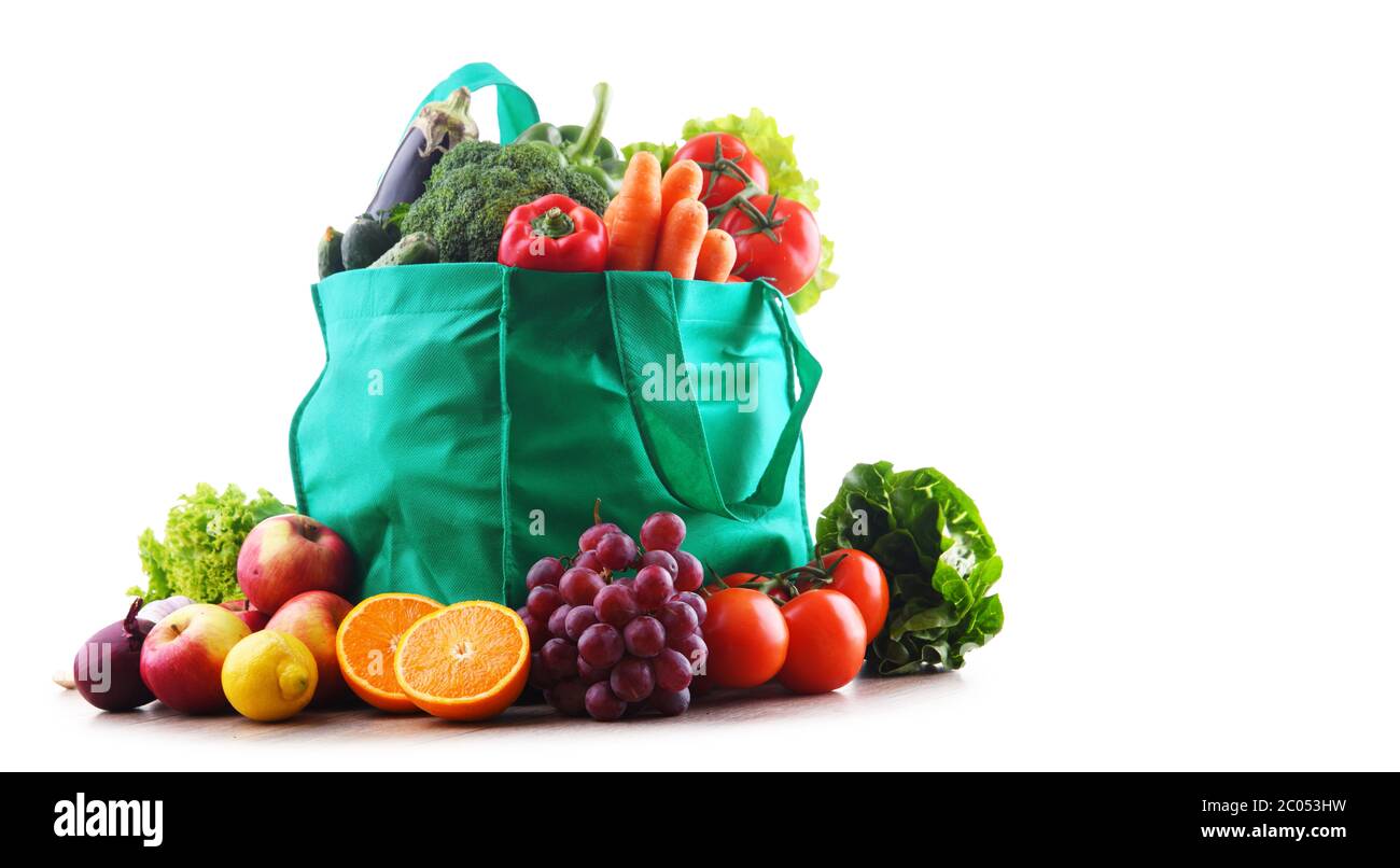 Shopping bag with vegetables and fruits on white background Stock Photo