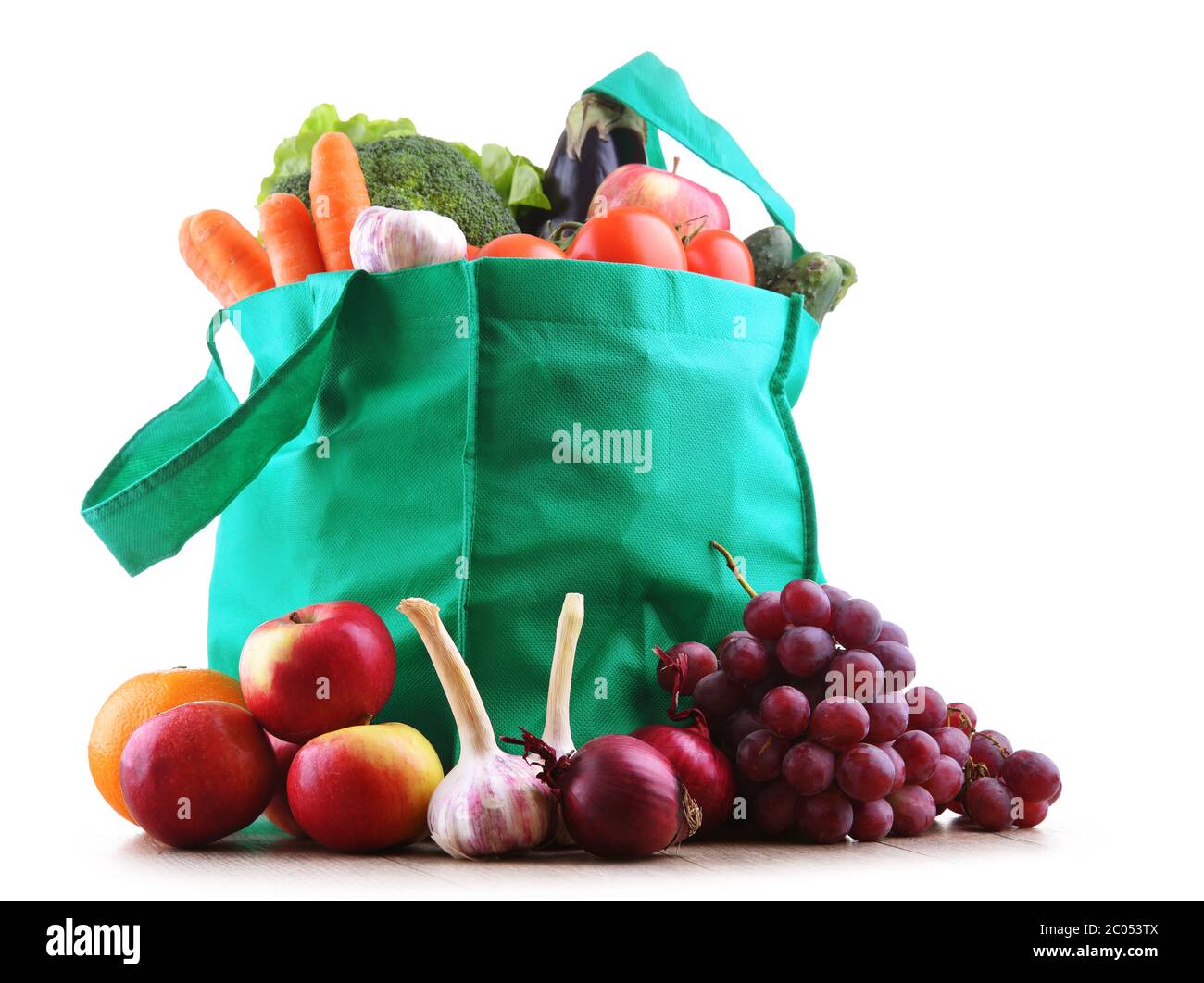 Shopping bag with vegetables and fruits on white background Stock Photo