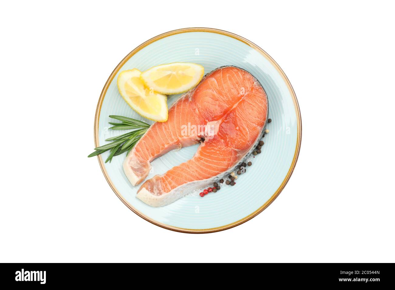 Plate with salmon meat and spices isolated on white background Stock ...