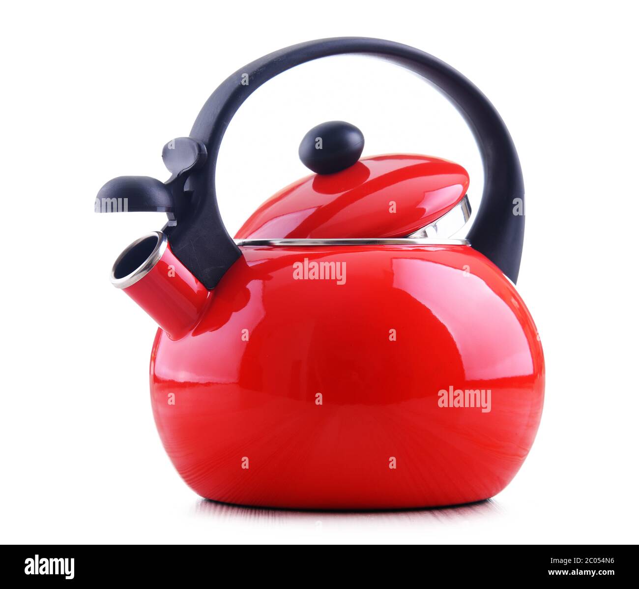 Traditional stainless steel stovetop kettle with whistle isolated on