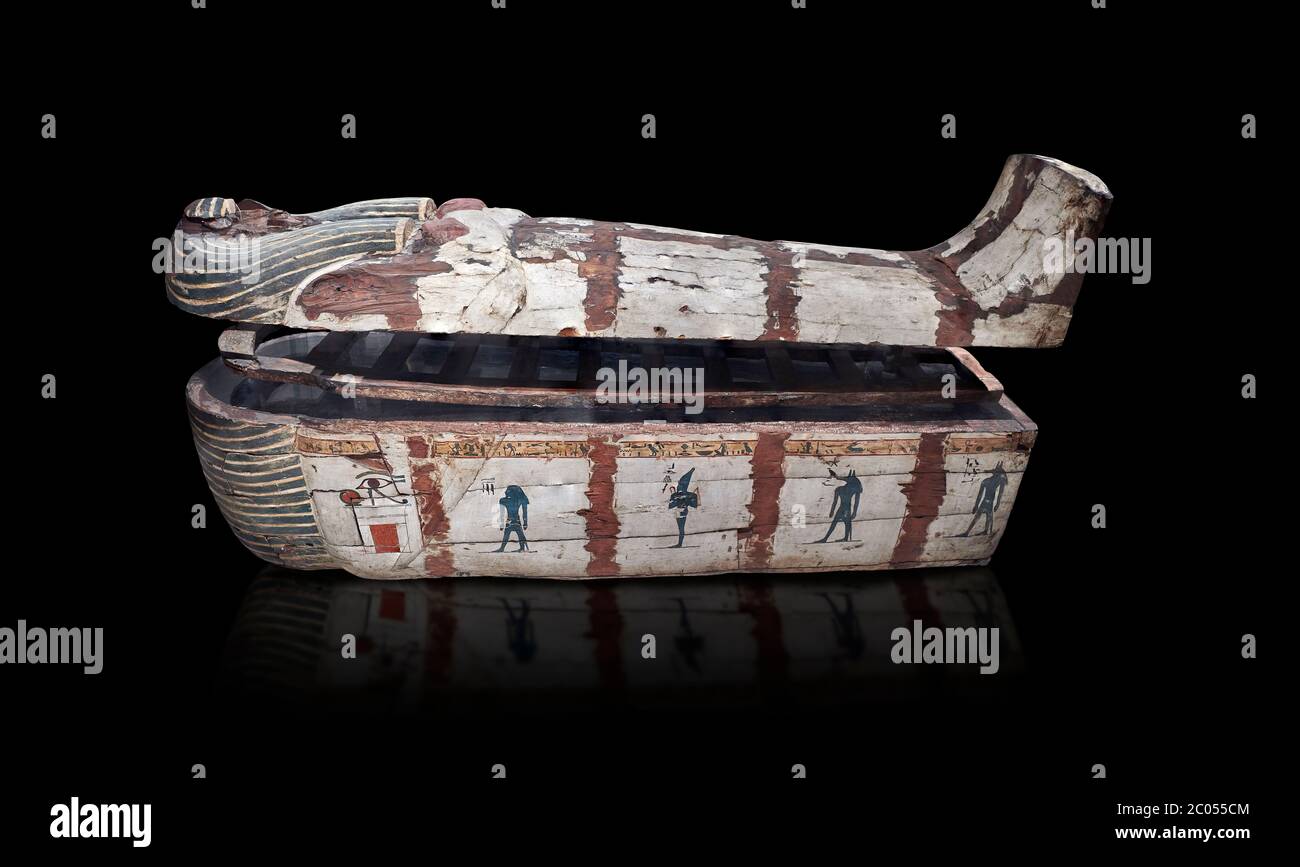 Ancient Egyptian wooden sarcophagus - the coffin of Puia circa 1800BC - Thebes Necropolis. Egyptian Museum, Turin. Black background  From about 100BC Stock Photo