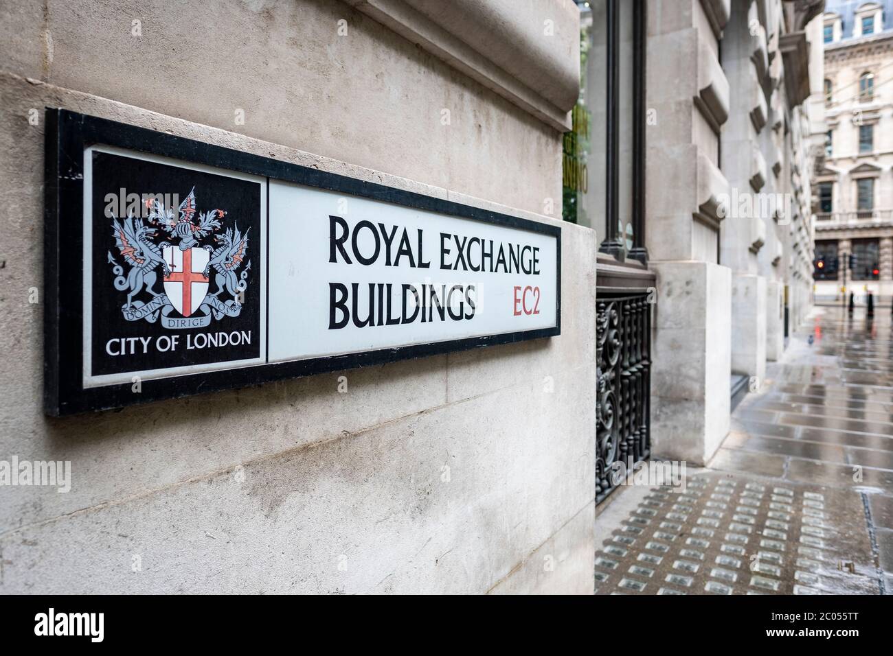 London - Royal Exchange Building road sign in the City of London Stock Photo