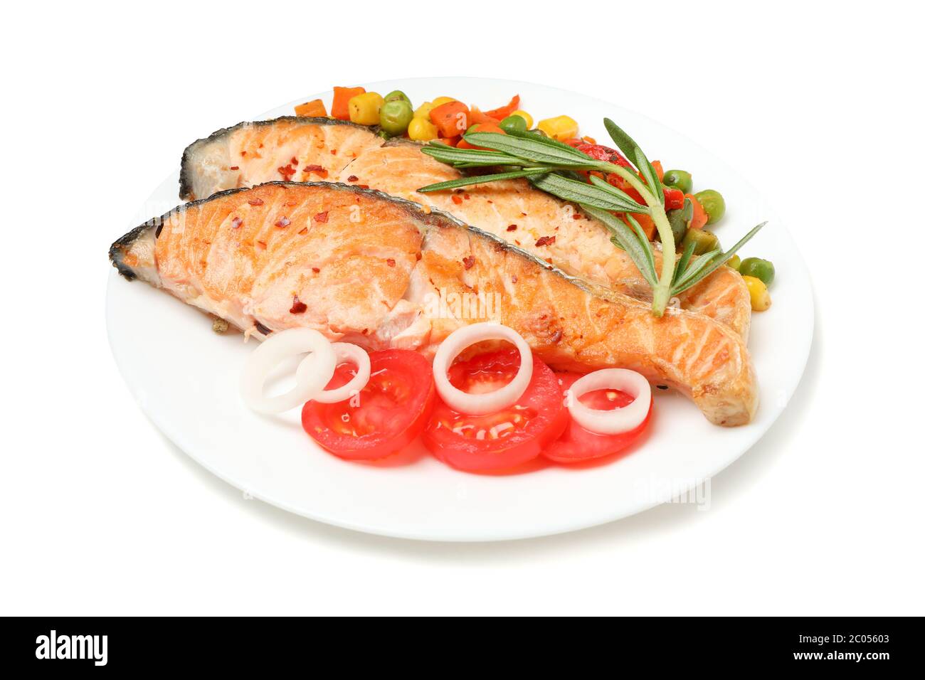 Plate with grilled salmon isolated on white background Stock Photo - Alamy