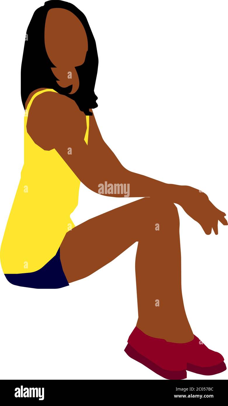 Sitting female person flat vector illustration (Black people) Stock Vector