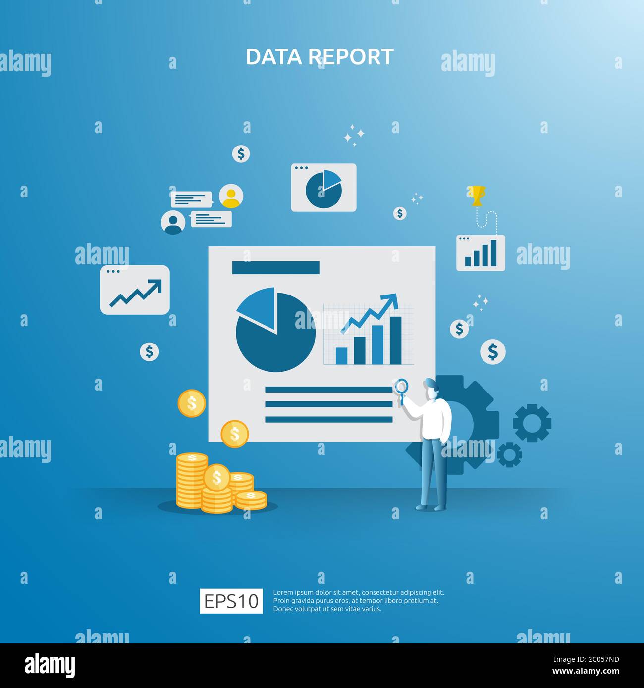 digital graph data for SEO analytics and strategic with character. statistics information, financial audit report document, marketing research Stock Vector