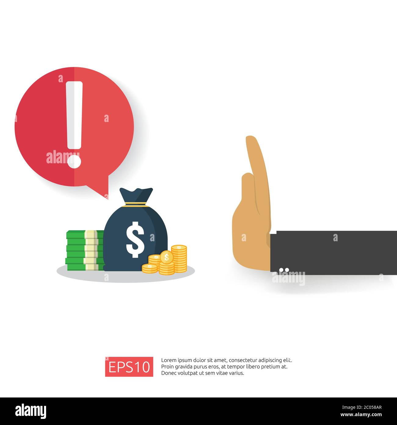 Anti Corruption, Stop and corrupt decline concept. Business bribe with money in an envelope and prohibition warning sign. vector illustration in flat Stock Vector