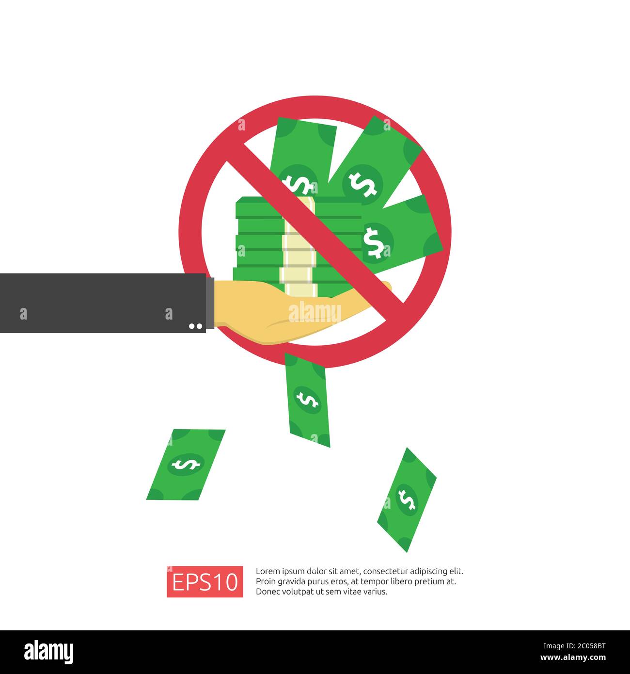 Anti Corruption, Stop and corrupt decline concept. Business bribe with money in an envelope and prohibition warning sign. vector illustration in flat Stock Vector