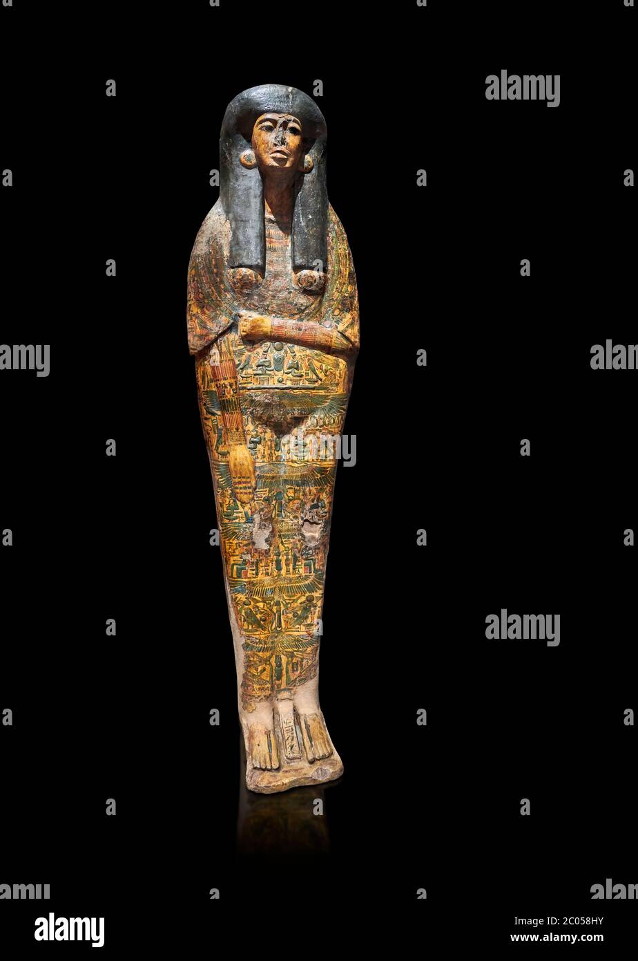 Ancient Egyptian Sarcophagus coffin of Tamutmutef, chantress of Amun, 18th Dynasty, (1550 to 1292 BC), Thebes. Egyptian Museum, Turin. black backgroun Stock Photo
