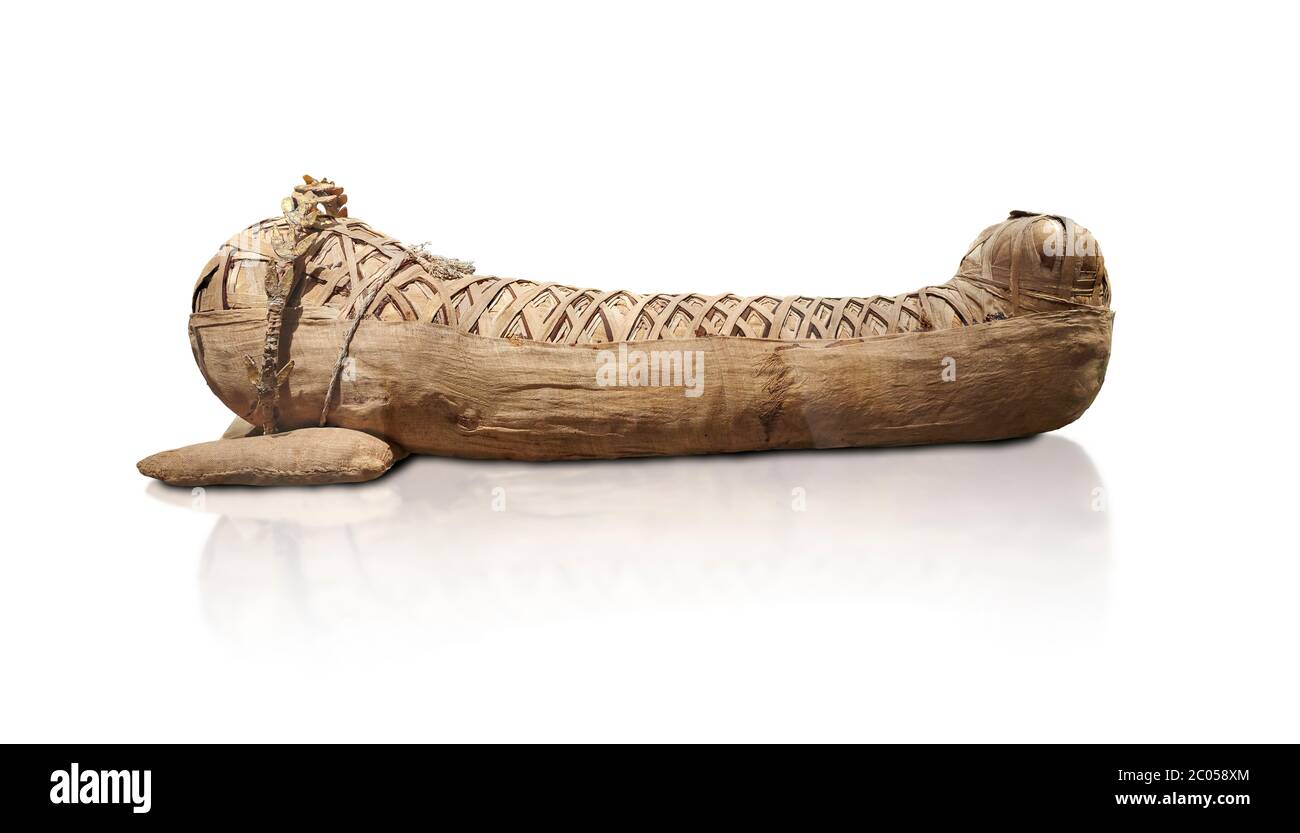 Ancient Egyptian mummy of the Roman Period - 1st cent BC to 2 cent AD. Egyptian Museum, Turin. white background Stock Photo