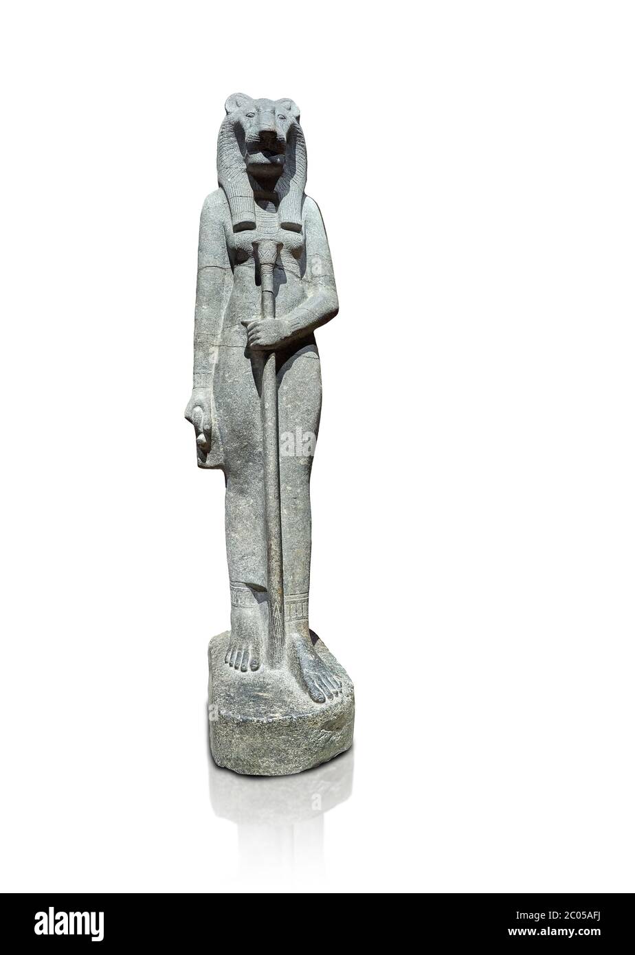 Ancient Egyptian statue of goddess Sekhmet, grandodiorite, New Kingdom, 18th & 20thDynasty (1390-1150 BC), Thebes. Egyptian Museum, Turin. white backg Stock Photo