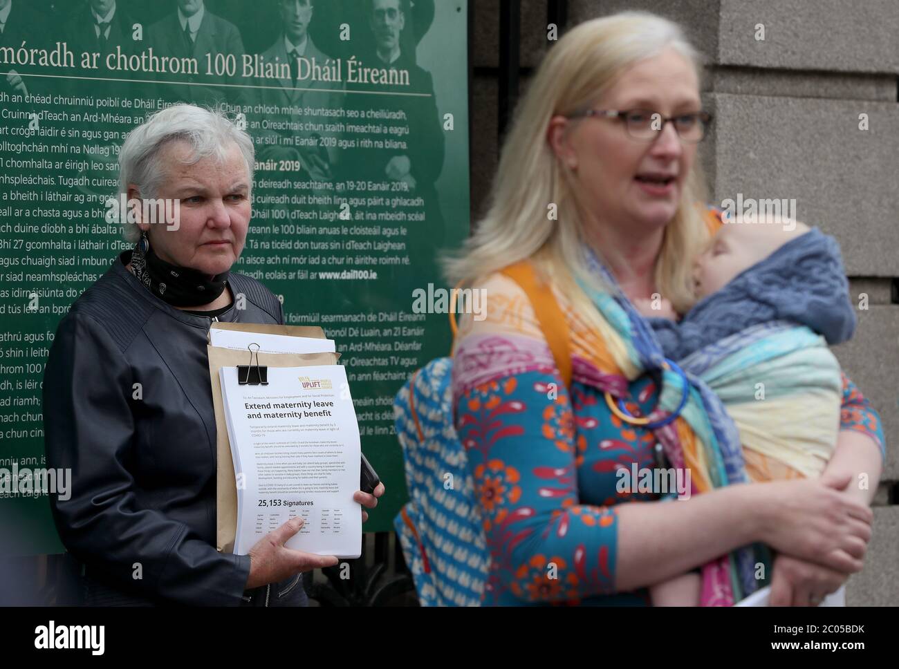 People Before Profit's Brid Smith holds a petition for Taoiseach Leo Varadkar, which was presented by mothers at Leinster House in Dublin, calling for an extension of maternity leave for 3 months due to the Covid-19 crisis. Stock Photo